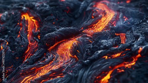 Hot molten lava flow from volcano