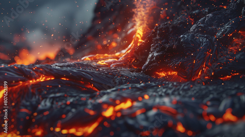Close-up of hot molten  lava flow from volcano photo