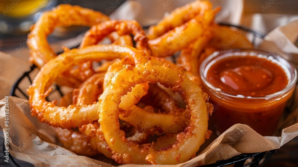 Homemade beerbattered onion rings in basket with dipping sauces selective focus. Concept Food Photography, Homemade Snacks, Deep-Fried Treats, Appetizers, Dipping Sauces Homemade beerbattered onion rings in basket with dipping sauces selective focus. Concept Food Photography, Homemade Snacks, Deep-Fried Treats, Appetizers, Dipping Sauces