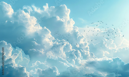 A vivid image of a sky filled with fluffy clouds and sparkling stars in daylight. Generate AI