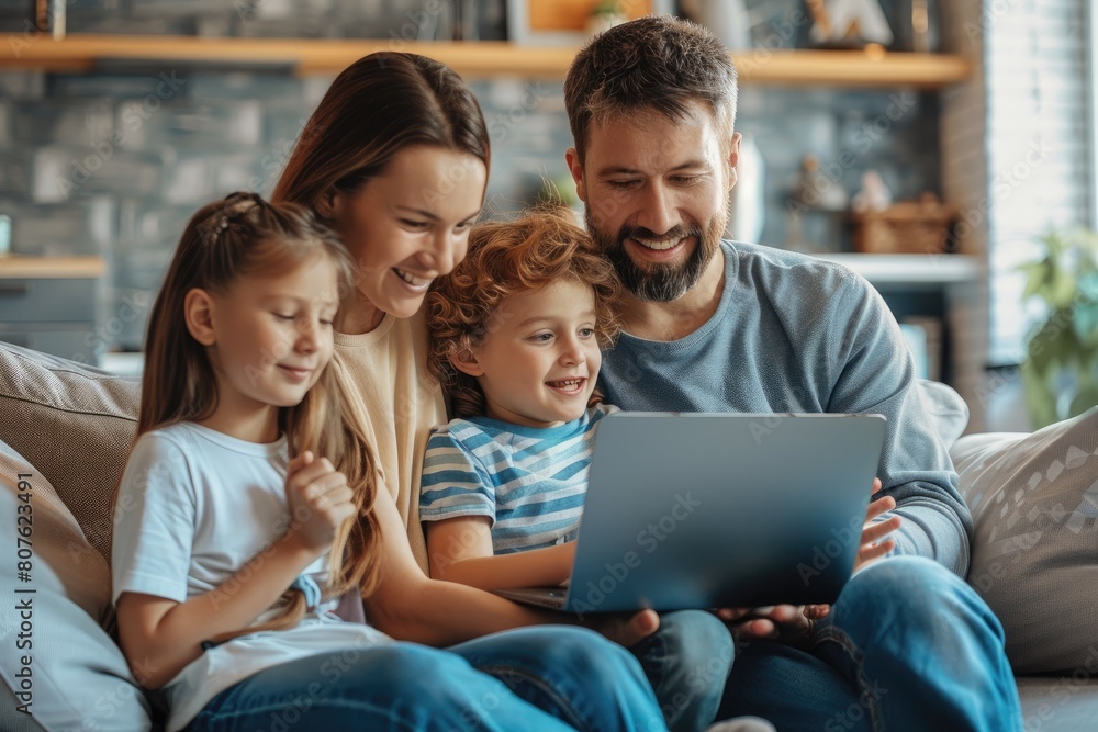 Fototapeta premium Happy family using laptop on a sofa. family time. Leisure time for parents with children. Watching a movie on a laptop
