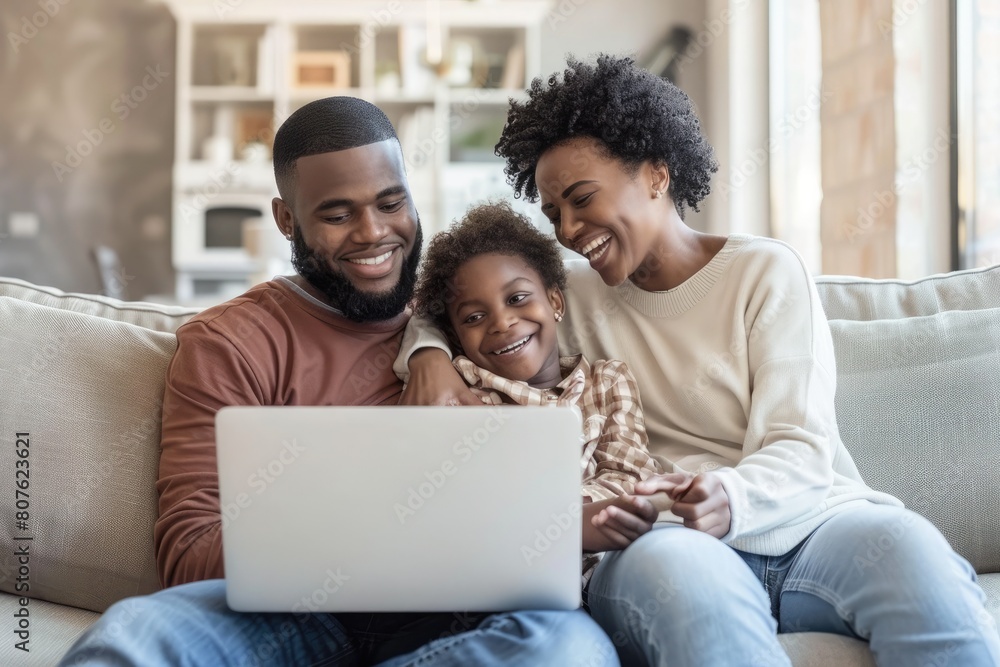 Happy family using laptop on a sofa. family time. Leisure time for parents with children. Watching a movie on a laptop Happy family using laptop on a sofa. family time. Leisure time for parents with children. Watching a movie on a laptop
