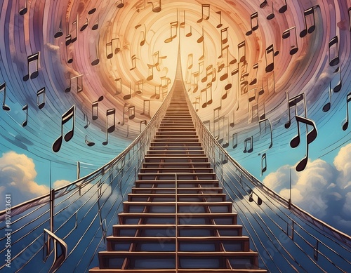 Surreal image of a ladder composed of musical notes ascending into the sky, each rung a step in mastering music theory. photo