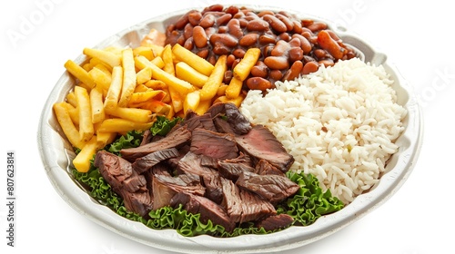 typical round Styrofoam lunchbox of Brazilian food, with rice, beans, steak, fries, white background