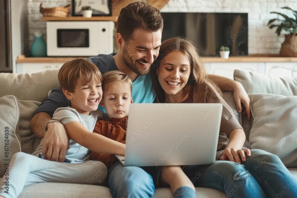 Happy family using laptop on a sofa. family time. Leisure time for parents with children. Watching a movie on a laptop Happy family using laptop on a sofa. family time. Leisure time for parents with children. Watching a movie on a laptop