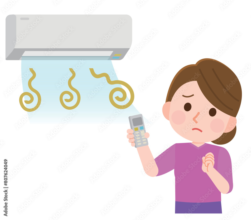 嫌なにおいがするエアコンと困る女性 イラスト 嫌なにおいがするエアコンと困る女性 イラスト