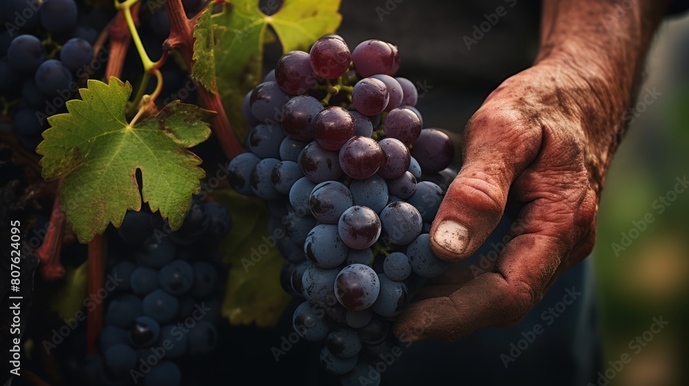 Obraz premium a farmer's hand grasping a cluster of grapes from a vine, 