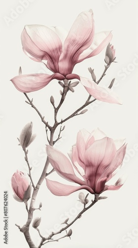Elegant design poster with magnolia flowers levitating  surrounded by negative space that enhances the plants symbolism of dignity and nobility