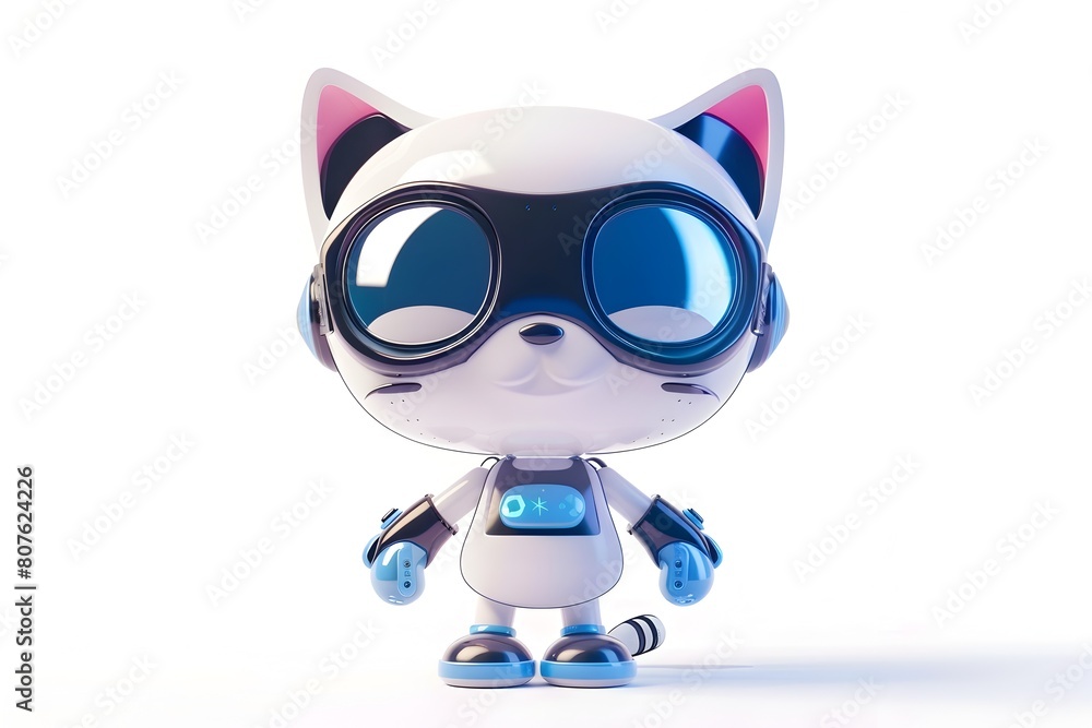 Cute Cat Cyborg Figure in VR Glasses on Synth Wave White Background