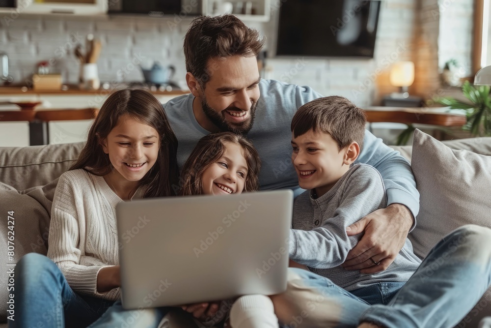 Happy family using laptop on a sofa. family time. Leisure time for parents with children. Watching a movie on a laptop Happy family using laptop on a sofa. family time. Leisure time for parents with children. Watching a movie on a laptop