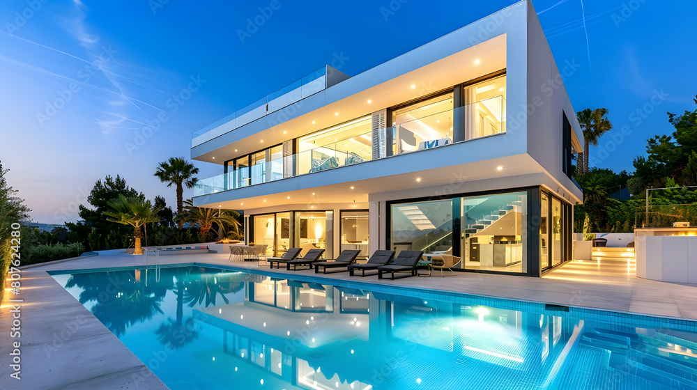 large, modern two-story villa with white walls and glass windows stands next to the swimming pool at night