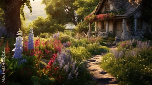 spring garden cottage nestled amidst a vibrant expanse of wildflowers  