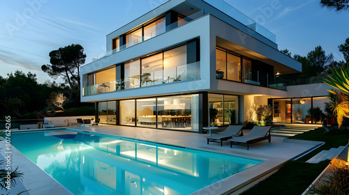 large, modern two-story villa with white walls and glass windows stands next to the swimming pool at night © Pik_Lover