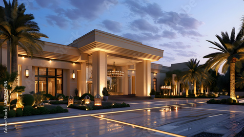 Luxury country club in Egyptian style  exterior view of the entrance and front yard at dusk  white walls with beige stripe