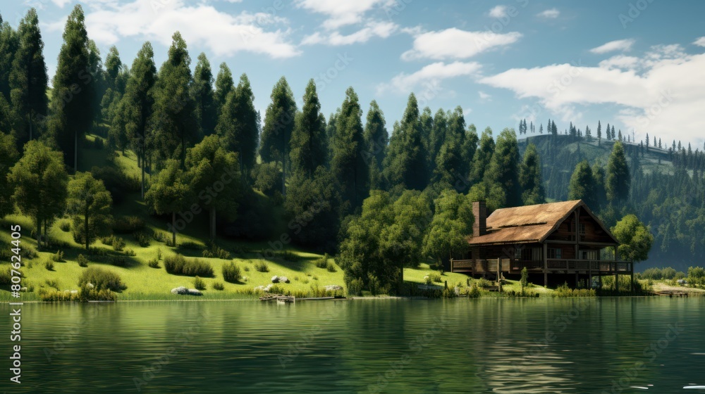 wooden cabin nestled on a lush green hillside overlooking a picturesque lake. wooden cabin nestled on a lush green hillside overlooking a picturesque lake.