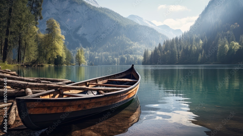 wooden fishing boat docked at the edge of a serene alpine lake,