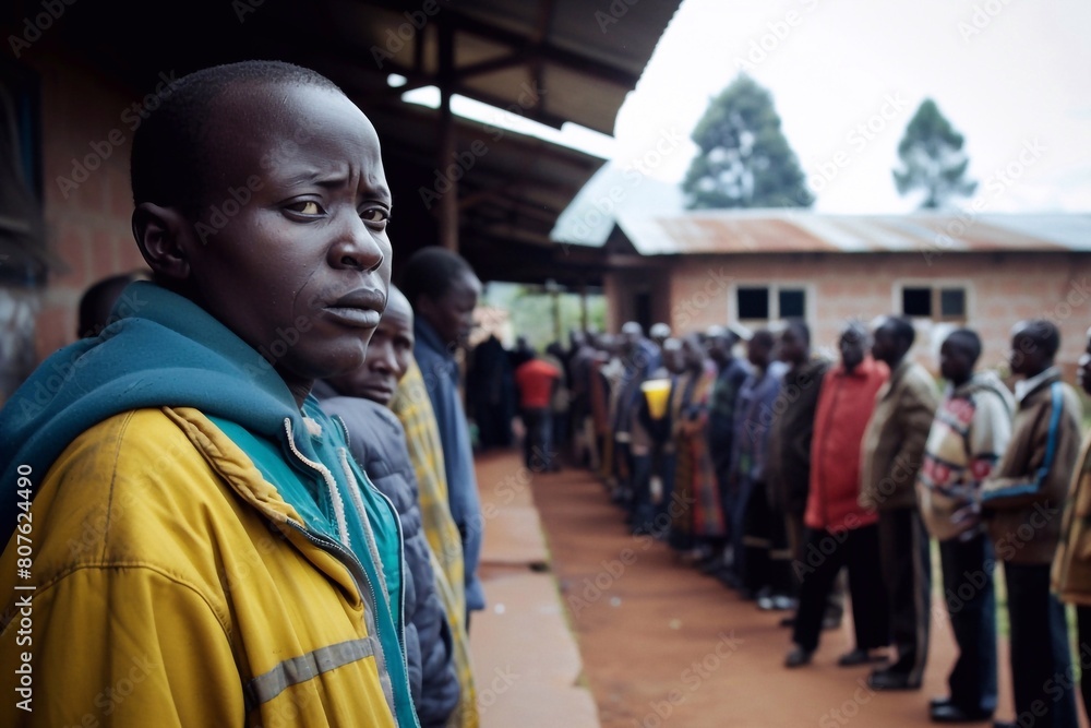 A man stands in line in front of a polling station in Rwanda, waiting for the opportunity to vote in national elections.