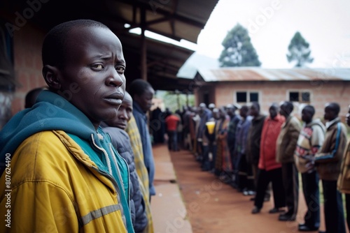 A man stands in line in front of a polling station in Rwanda, waiting for the opportunity to vote in national elections. photo