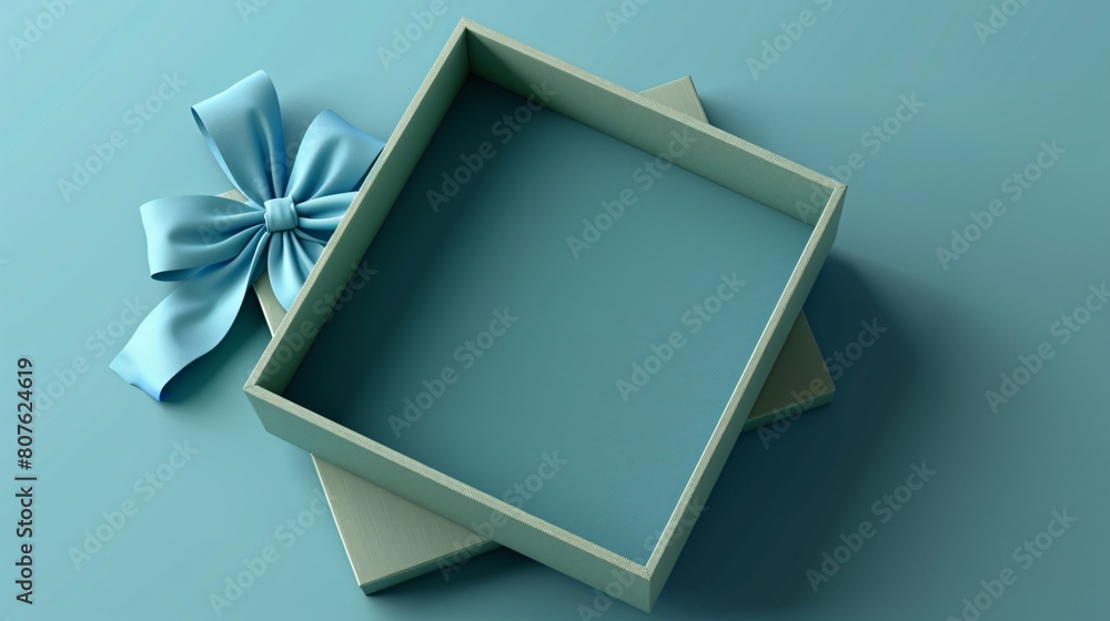 Fototapeta premium A green gift box mock up with a blue bow on top, open to reveal a blue interior