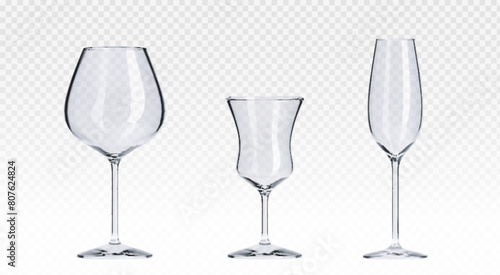 3d cocktail glasses set isolated on transparent background. Vector realistic illustration of empty containers for alcohol, juice, water, light reflection on glassware surface, party design elements