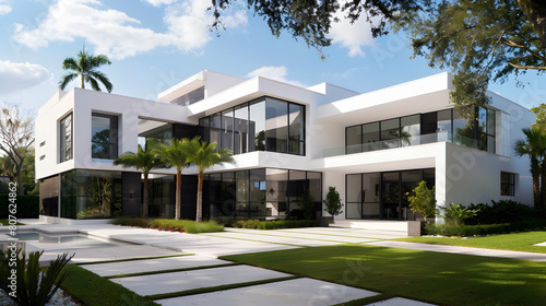 Modern architecture  white walls with black windows and doors  modern style villa exterior design