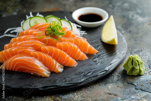 Thinly Sliced Salmon Sashimi Artfully Presented on a Slate Plate with Japanese Condiments