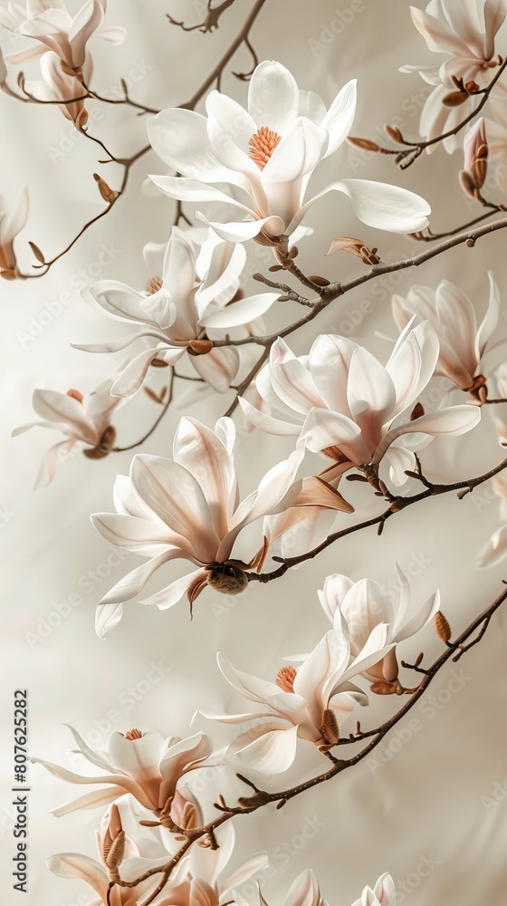 Dynamic graphic poster with magnolia flowers floating against a soft, neutral backdrop, creating a serene contrast that showcases their early spring beauty