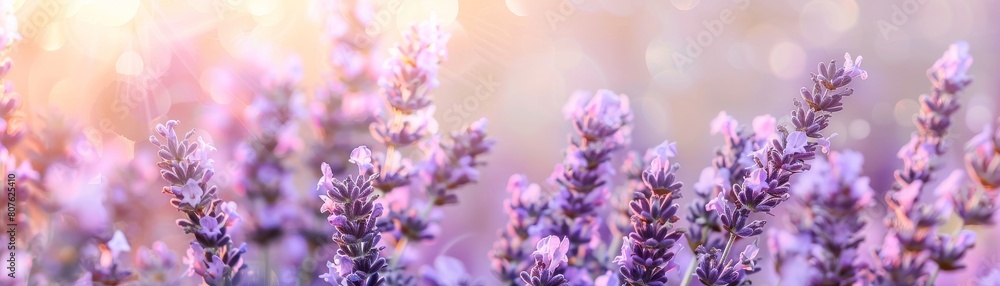 Obraz premium Dynamic graphic poster with lavender flowers floating against a soft, neutral backdrop, creating a serene contrast that showcases their soothing effect