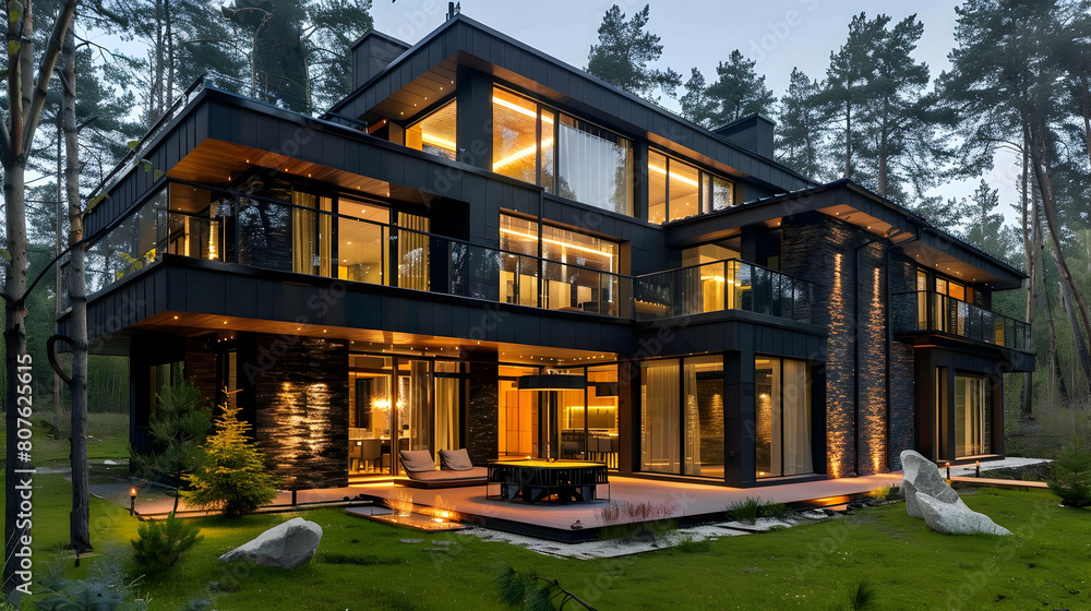 Modern house exterior at night, featuring black walls and stone accents. The home has large windows with LED lighting