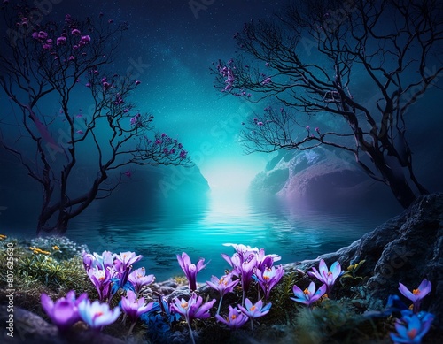 Background with an otherworldly bioluminescent forest with wildflowers. Copy space.