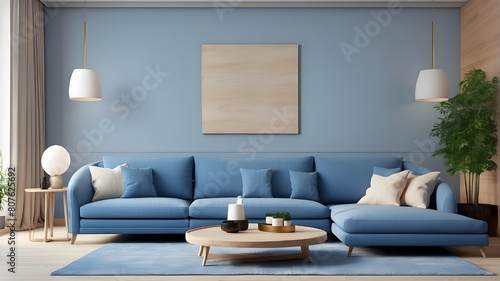 3D rendering of a living room interior featuring a blue sofa