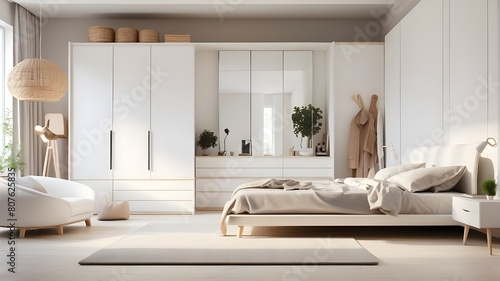 This modern bedroom features a white wooden wardrobe designed in a scandinavian style.