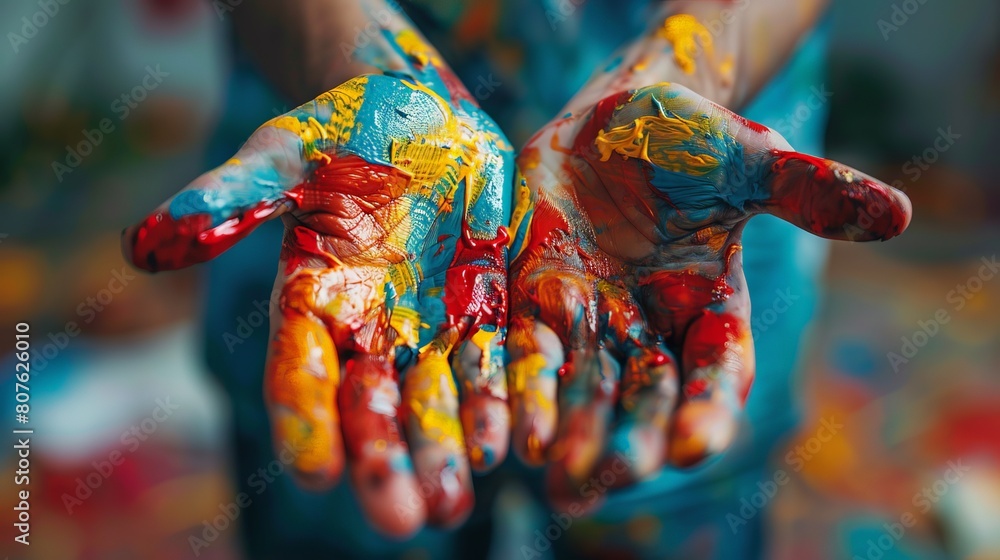 Close-up of two hands fully covered in bright, colorful paint, capturing the essence of creativity and artistic expression.