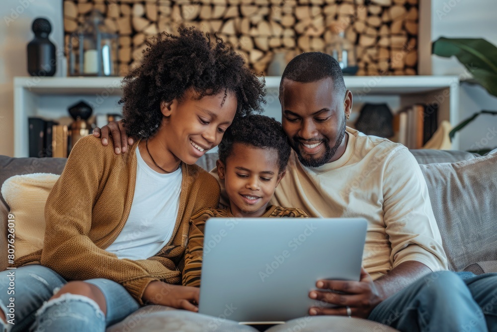 Happy family using laptop on a sofa. family time. Leisure time for parents with children. Watching a movie on a laptop Happy family using laptop on a sofa. family time. Leisure time for parents with children. Watching a movie on a laptop