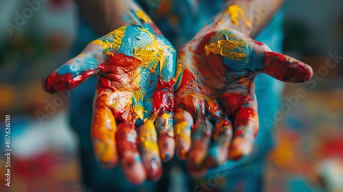 Close-up of two hands fully covered in bright, colorful paint, capturing the essence of creativity and artistic expression.