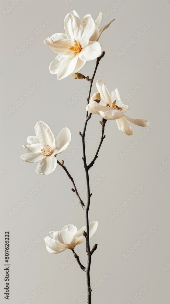 Obraz premium Creative visualization poster with vanilla flowers defying gravity, set against a clean, stark background for a dramatic visual impact