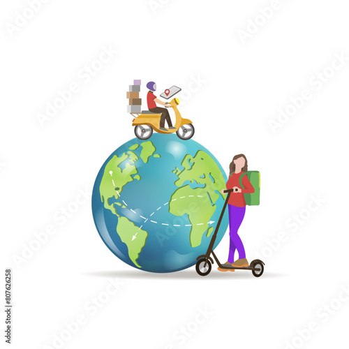 The concept of a delivery service and online tracking 
of orders to your home and office around the world. A car,
 an unmanned aerial vehicle, a courier on a scooter.
 Vector illustration