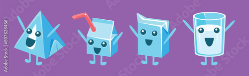 Milk Container Funny Character with Face on Purple Background Vector Set