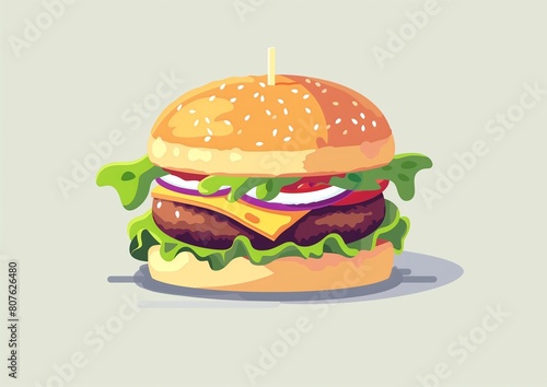 Classic Cheeseburger with Lettuce and Tomato Illustration on Neutral Background