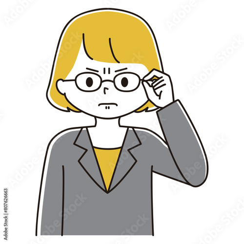 眉間にしわを寄せて眼鏡を上げるスーツ姿の女性のイラスト