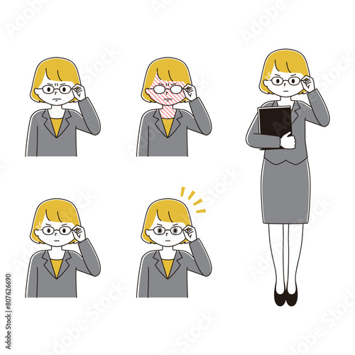 真面目な表情のスーツ姿のメガネをかけた女性のイラストセット