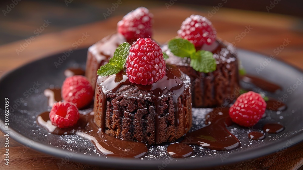 a molten chocolate lava cake injected with drizzling chocolate syrup garnished with peppermint leaves and coated with sugar powder a molten chocolate lava cake injected with drizzling chocolate syrup garnished with peppermint leaves and coated with sugar powder