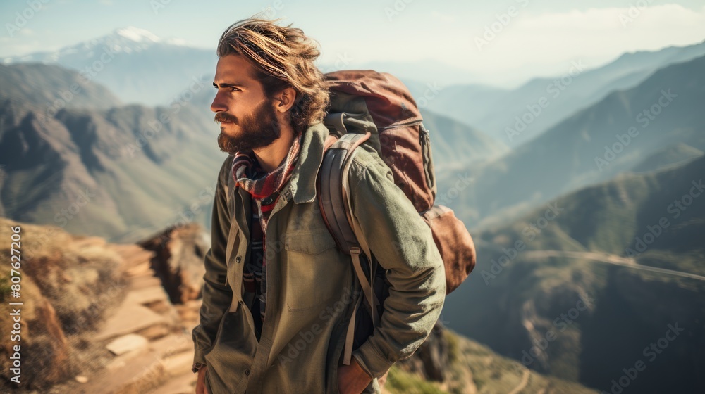 backpacker with beautiful mountain peaks, success concept