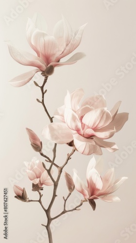 Conceptual art poster depicting magnolia blooms levitating in a perfectly ordered arrangement, with a crisp, uncluttered background emphasizing tranquility