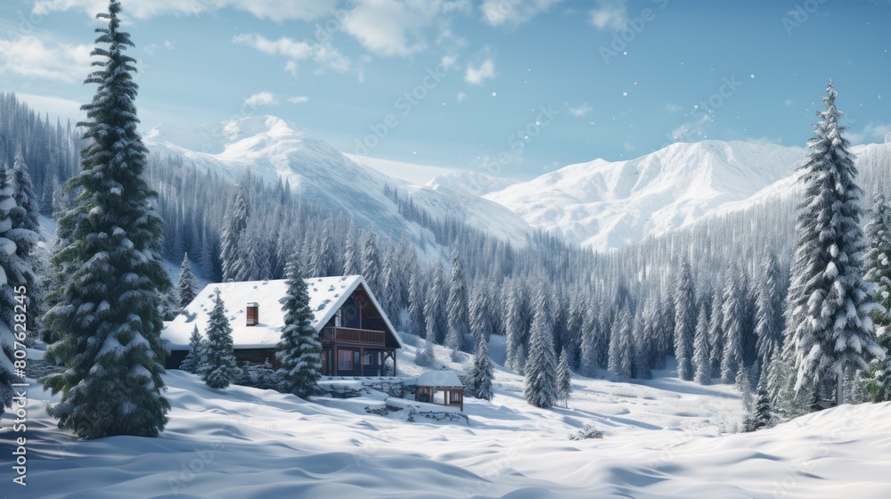 landscape with a snow-covered cabin nestled amidst towering pine trees, 