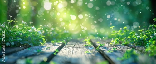 Step Onto An Empty Wooden Platform Amidst A Sea Of Green Spring Blur, Background HD For Designer 