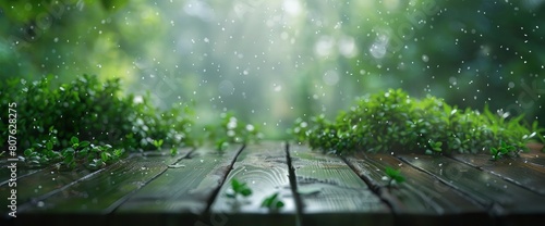 Step Onto An Empty Wooden Platform Amidst A Sea Of Green Spring Blur, Background HD For Designer  photo