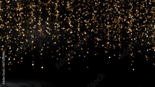 golden confetti cascades down a black background  