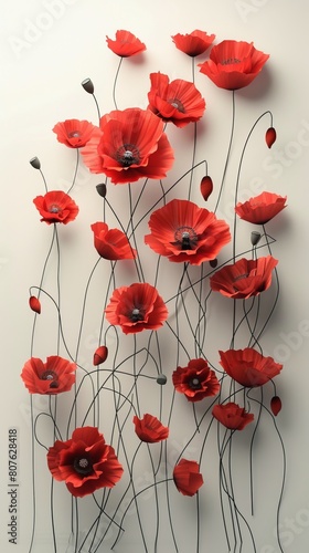 Artistic poster of poppies levitating  arranged against a stark background to emphasize their vibrant red petals and delicate structure