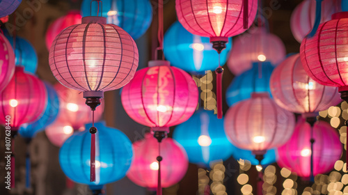 Group of Pink and Blue Lanterns Hanging